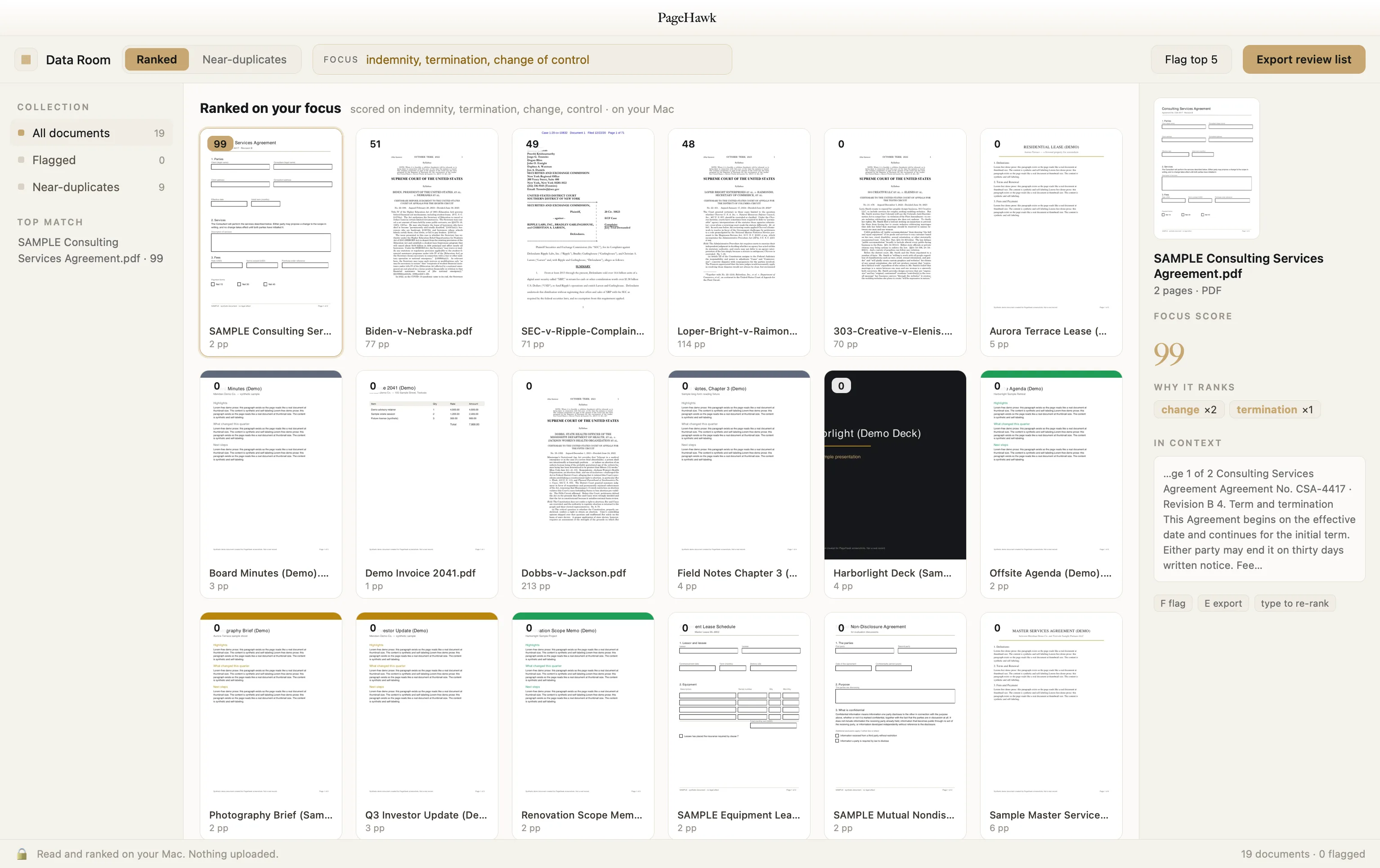 PageHawk ranking a data room of real court records and sample agreements: every document scored on the focus query, the top match explained in the side panel, read and ranked on your Mac.
