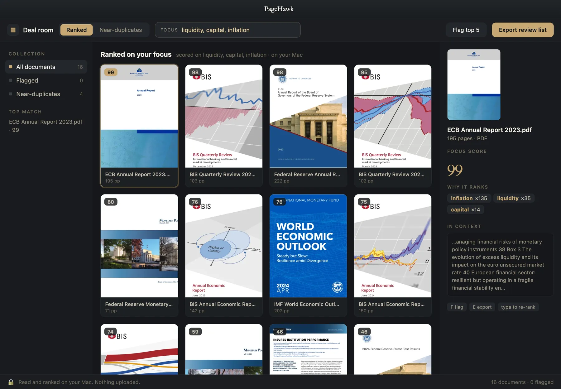 PageHawk showing a business collection in dark mode, sixteen central-bank and regulator reports scored on liquidity, capital and inflation.
