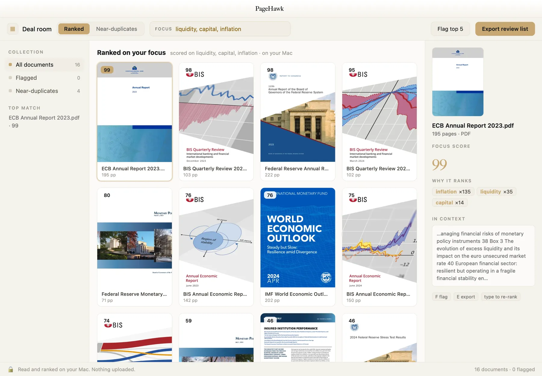 PageHawk ranking sixteen central-bank and regulator reports on liquidity, capital and inflation.