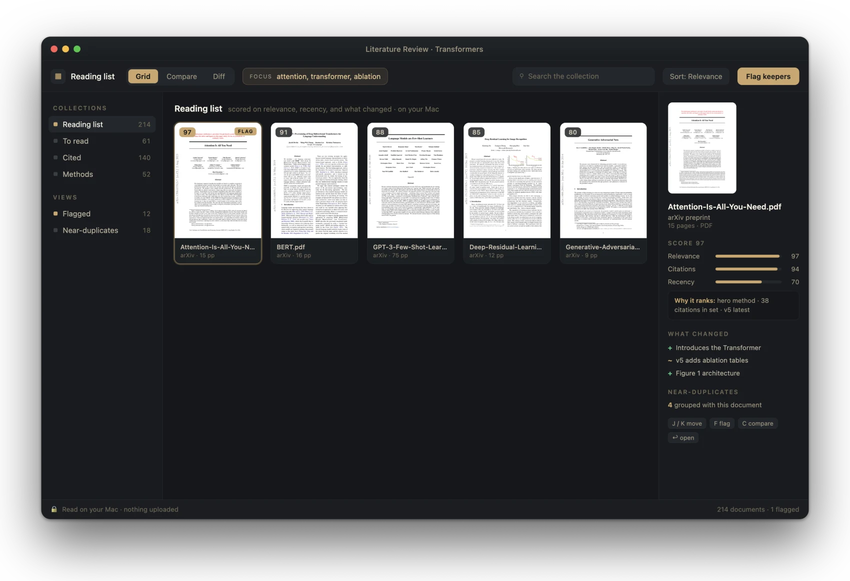 PageHawk ranking a reading list of papers on a focus query, each scored, the top one flagged.