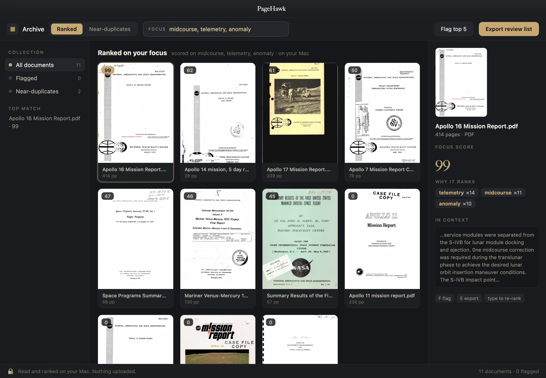 PageHawk showing a scans collection in dark mode, eleven scanned mission reports matched through the text recovered from them.