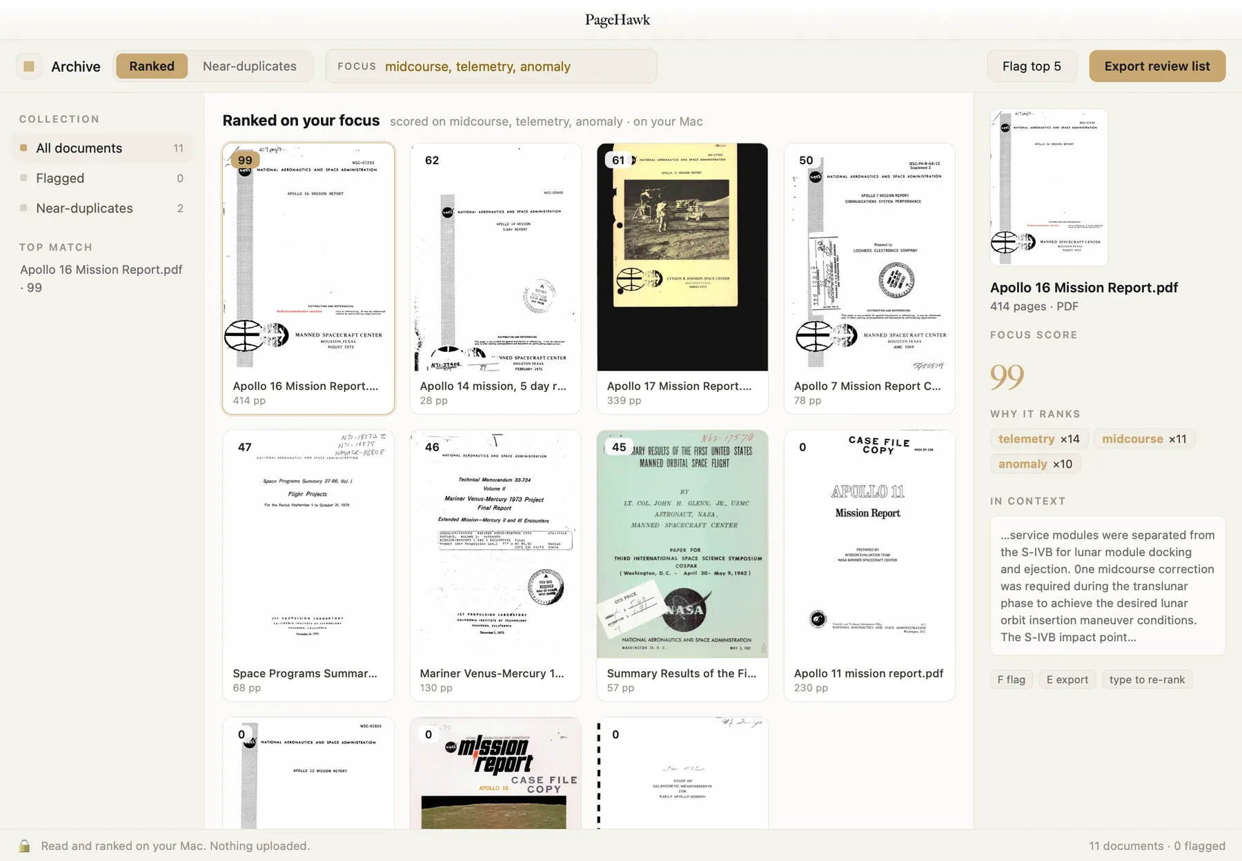PageHawk ranking eleven scanned NASA mission reports on midcourse, telemetry and anomaly, matched through the text recovered from the scans.