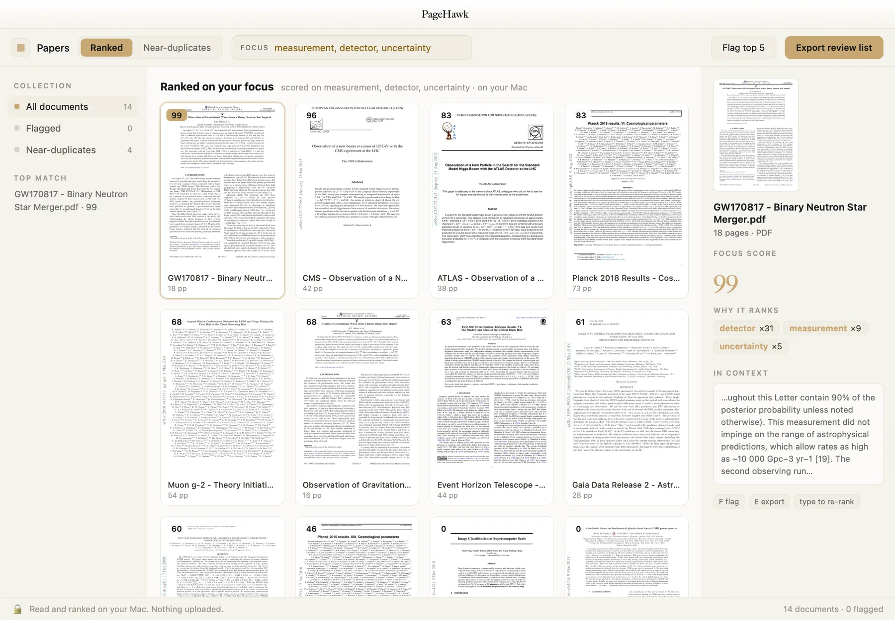 PageHawk ranking fourteen physics papers on measurement, detector and uncertainty, with the two Higgs discovery papers found as near-duplicates.