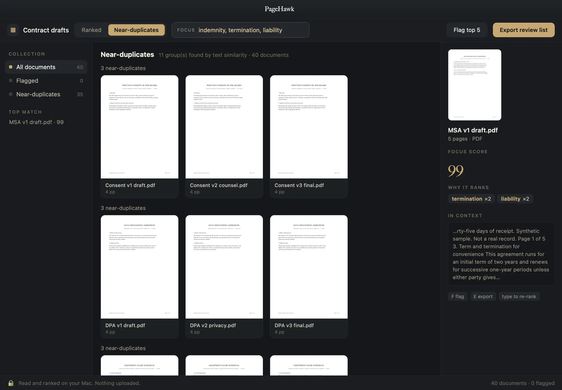 PageHawk in dark mode, collapsing forty contract drafts into eleven near-duplicate groups, each group holding the revisions of one agreement.