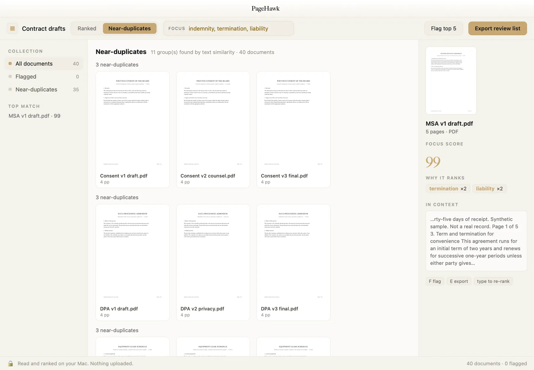 PageHawk collapsing forty contract drafts into eleven near-duplicate groups, each group holding the revisions of one agreement.